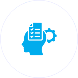 Head silhouette with checklist and gear icon.