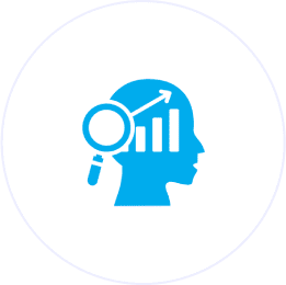 Silhouette with magnifying glass and bar graph.